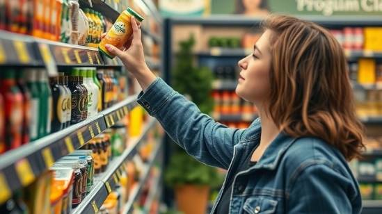 Photorealistic image of a consumer reaching for a product on grocery store shelf.