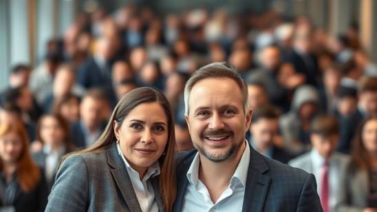 Proud businessman and businesswoman in photorealistic image with blurred crowd.