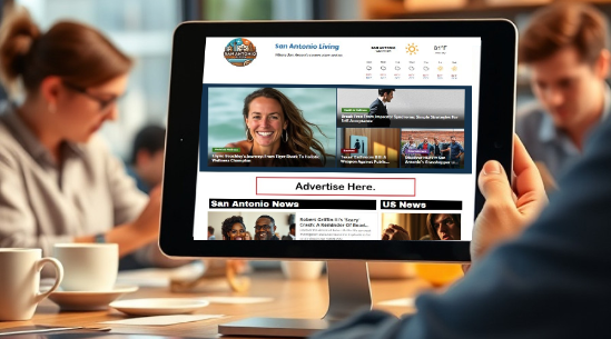 Dynamic office scene showcasing digital visibility with a prominent banner ad.