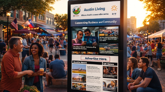 Lively small-town neighborhood scene at a local festival with community connection and digital display.