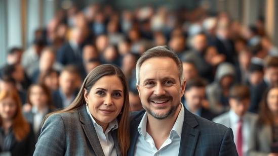 Proud businessman and businesswoman in photorealistic image with blurred crowd.