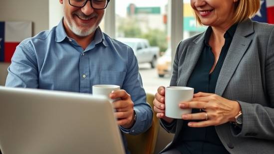 Two business people enjoying coffee, reviewing local advertising results on a laptop.