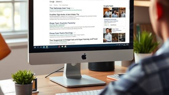 Photorealistic image of a marketer observing Google Search Results, highlighting online visibility.