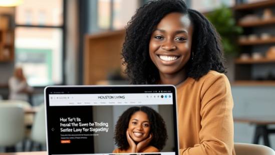 Confident young Black woman at a modern desk, proud of her digital magazine feature.