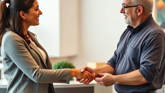 Hispanic female marketer and older male business owner shaking hands, symbolizing partnership.